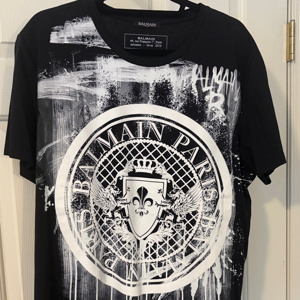 Balmain Black and White Graffiti Crest T-Shirt - Picture 3 of 9